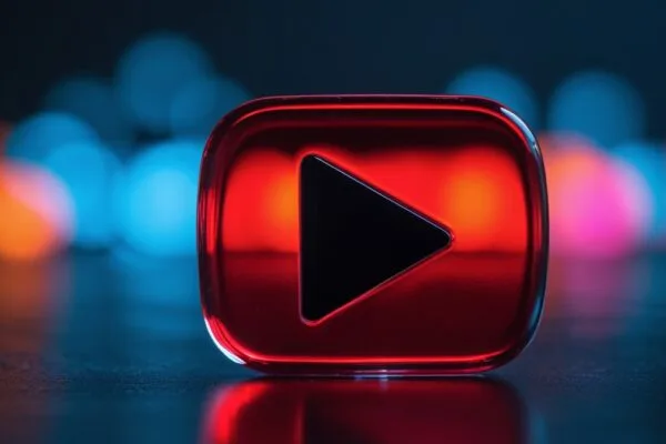AI YouTube thumbnail generator 2026 concept showing a glossy play-button object in sharp focus against colorful blurred bokeh, symbolizing eye-catching thumbnail design