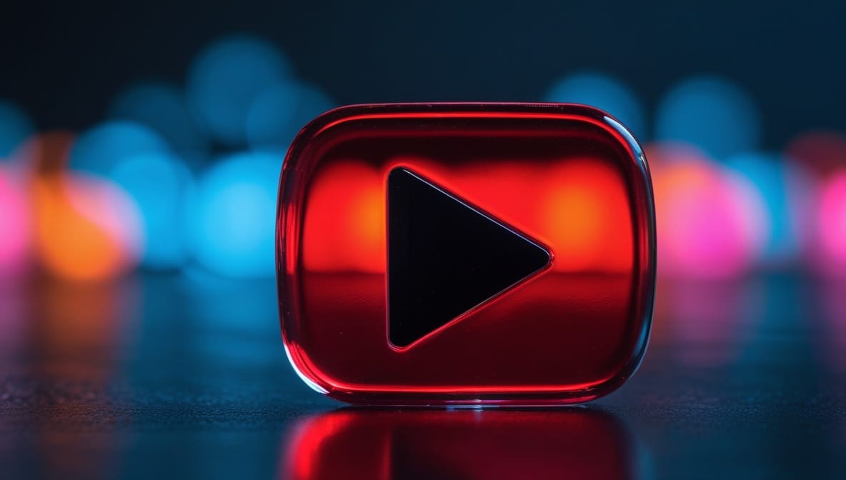 AI YouTube thumbnail generator 2026 concept showing a glossy play-button object in sharp focus against colorful blurred bokeh, symbolizing eye-catching thumbnail design