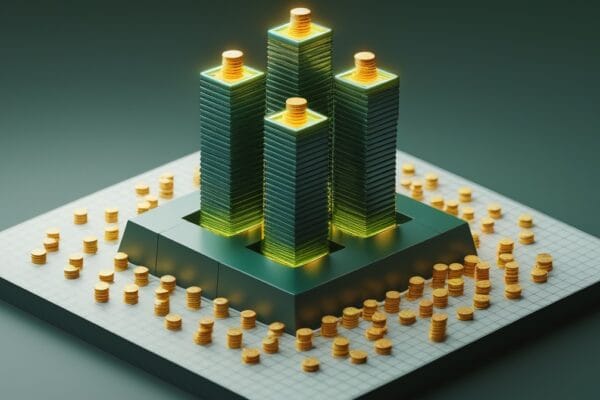AI funding Q1 2026 concept showing four towering stacks of coins dwarfing many small ones, representing how a few companies captured most of the record venture funding