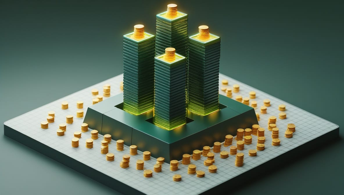 AI funding Q1 2026 concept showing four towering stacks of coins dwarfing many small ones, representing how a few companies captured most of the record venture funding