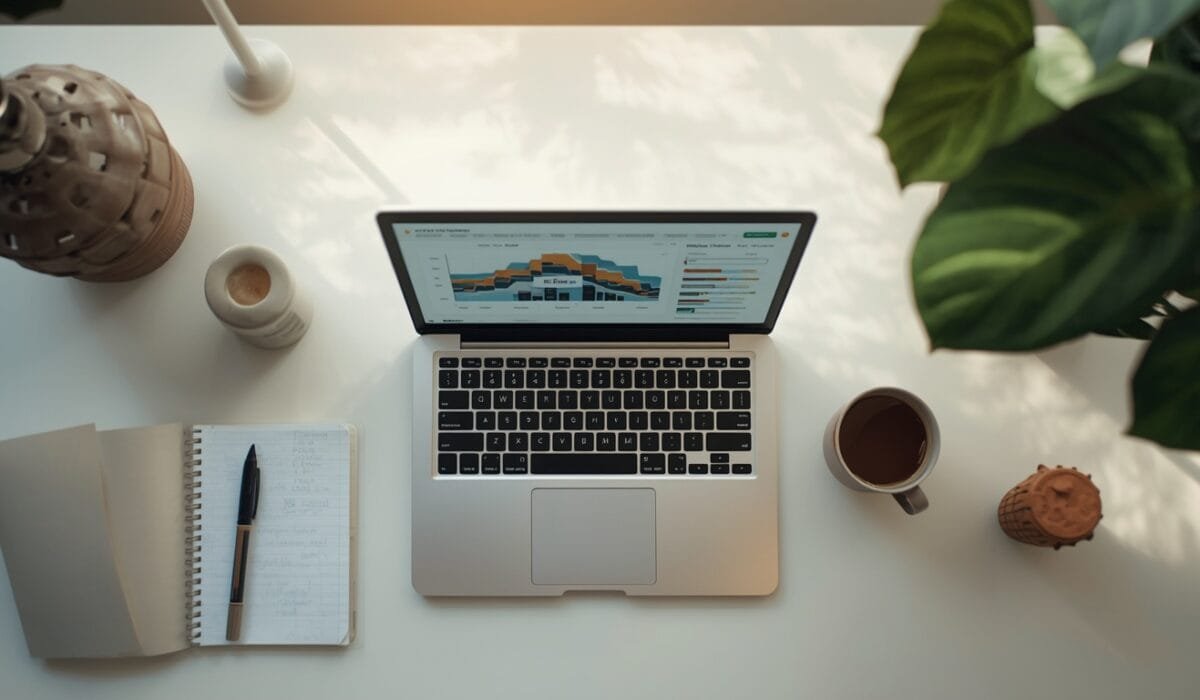 Best AI marketing automation tools 2026 shown as a clean marketing workspace flat lay with a laptop dashboard, notebook, and coffee, representing an organized marketing tech stack