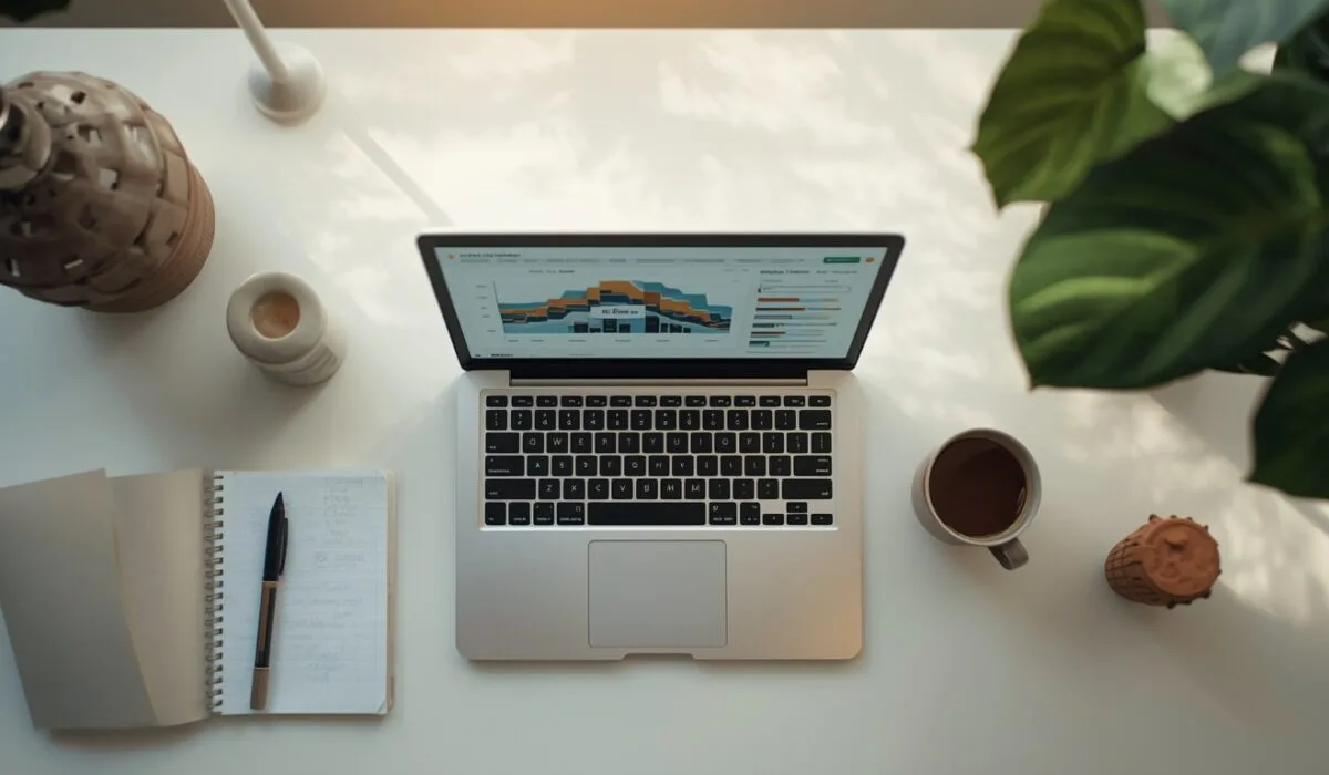 Best AI marketing automation tools 2026 shown as a clean marketing workspace flat lay with a laptop dashboard, notebook, and coffee, representing an organized marketing tech stack