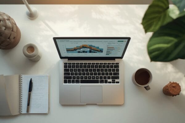 Best AI marketing automation tools 2026 shown as a clean marketing workspace flat lay with a laptop dashboard, notebook, and coffee, representing an organized marketing tech stack
