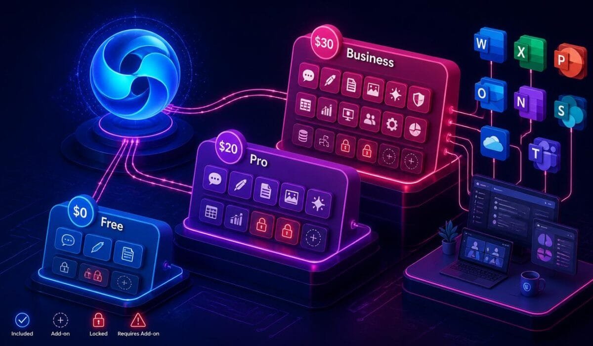Copilot AI pricing 2026 comparison showing hidden costs across Free ($0), Pro ($20), and Business ($30) tiers with locked features requiring Microsoft 365 add-ons and Office ecosystem integration