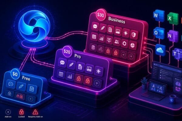 Copilot AI pricing 2026 comparison showing hidden costs across Free ($0), Pro ($20), and Business ($30) tiers with locked features requiring Microsoft 365 add-ons and Office ecosystem integration