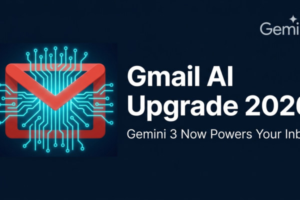 Gmail AI upgrade 2026 breaking news graphic showing Google Gmail powered by Gemini 3 with AI Inbox, AI Overviews, and Help Me Write features