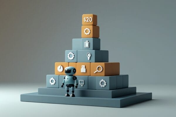Hidden cost of AI agents 2026 concept showing an isometric robot agent atop a small $20 block dwarfed by a tall stack of hidden-cost blocks for API, integrations, hosting, monitoring, and time