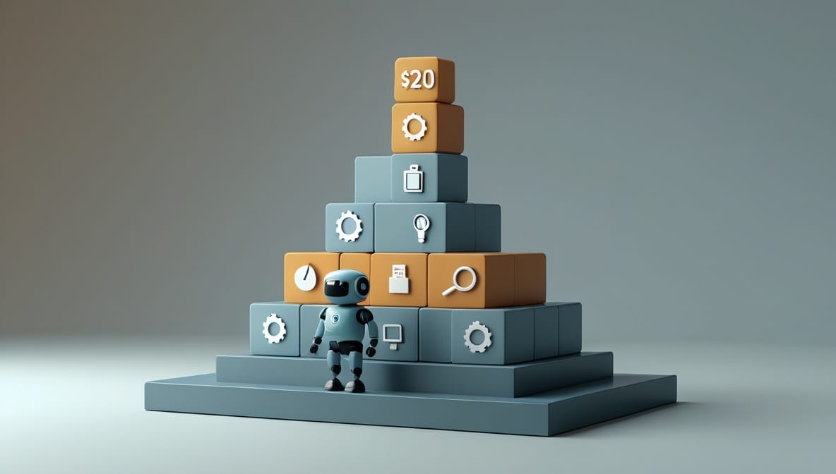 Hidden cost of AI agents 2026 concept showing an isometric robot agent atop a small $20 block dwarfed by a tall stack of hidden-cost blocks for API, integrations, hosting, monitoring, and time