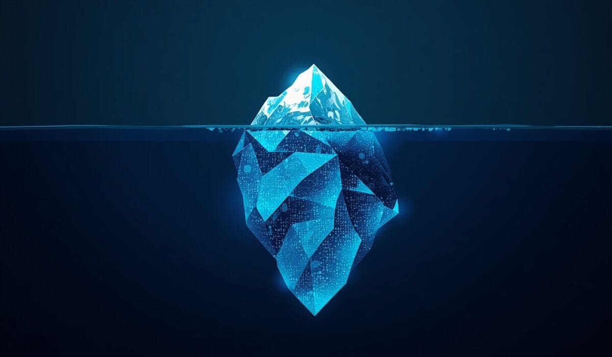 Hidden cost of AI API restrictions concept showing an iceberg where a small visible tip represents the advertised price and a large submerged mass represents the real engineering, monitoring, and usage costs