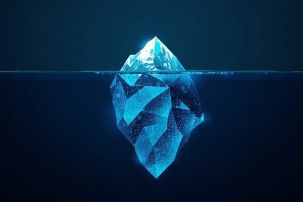 Hidden cost of AI API restrictions concept showing an iceberg where a small visible tip represents the advertised price and a large submerged mass represents the real engineering, monitoring, and usage costs