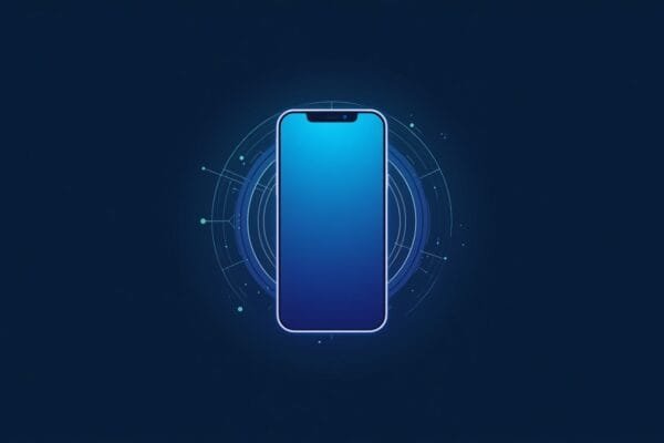 Samsung Galaxy S26 AI features illustrated as an abstract phone silhouette surrounded by a subtle neural network, signal rings, and data particles, representing on-device artificial intelligence