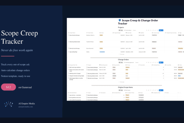 Scope creep tracker Notion template for freelancers on Gumroad with project and change order tracking