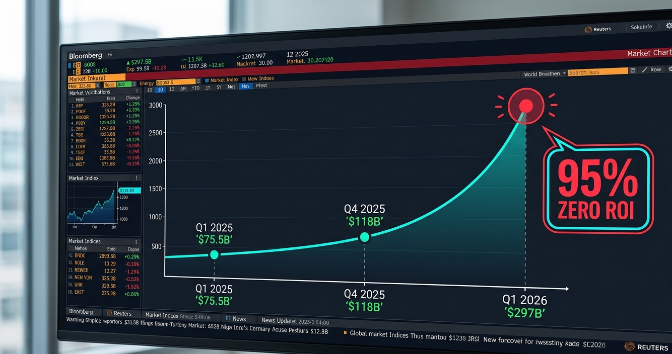 ai funding q1 2026 financial chart showing $297 billion record peak with bubble warning indicators and 95% zero ROI context