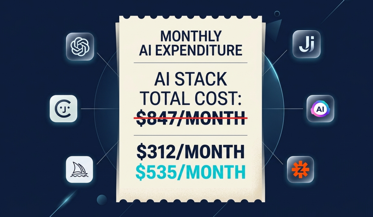 AI subscription stack cost breakdown showing $847 monthly average reduced to $312 after audit with AI tool logos