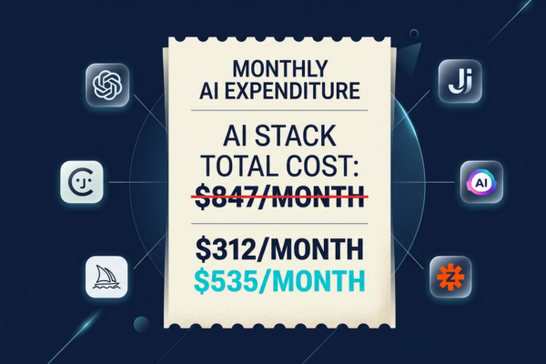 AI subscription stack cost breakdown showing $847 monthly average reduced to $312 after audit with AI tool logos