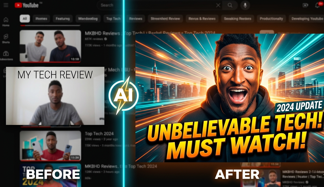 ai youtube thumbnail generator 2026 before and after comparison showing basic screenshot versus AI-generated high-CTR thumbnail with dramatic improvement