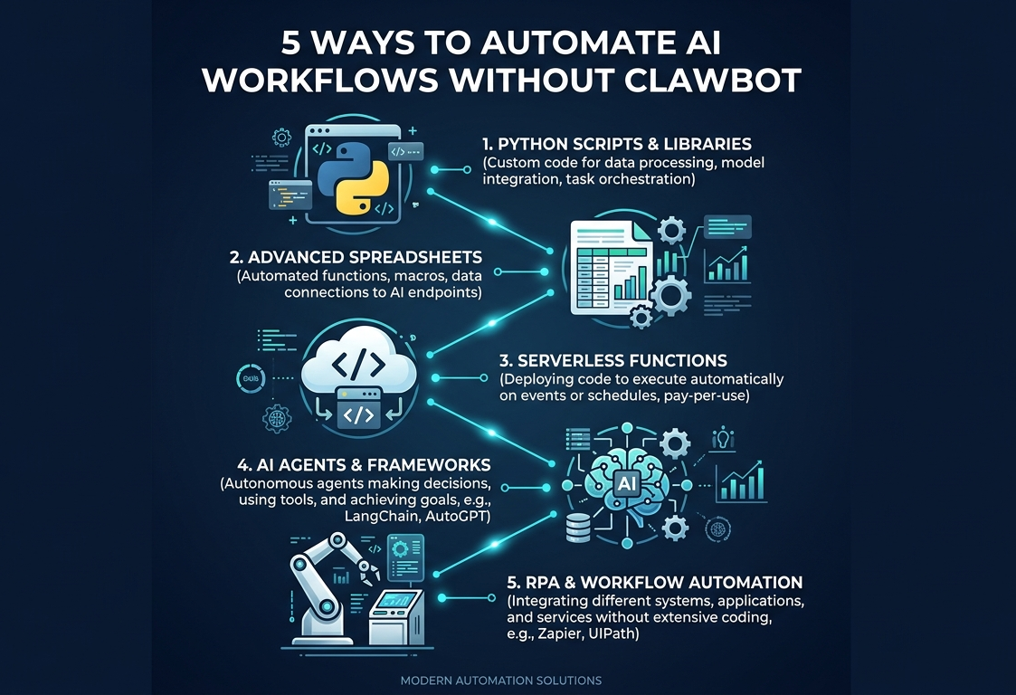 5 ways to automate AI workflows without ClawBot infographic showing Python, spreadsheets, serverless, LangChain, and AI agent methods
