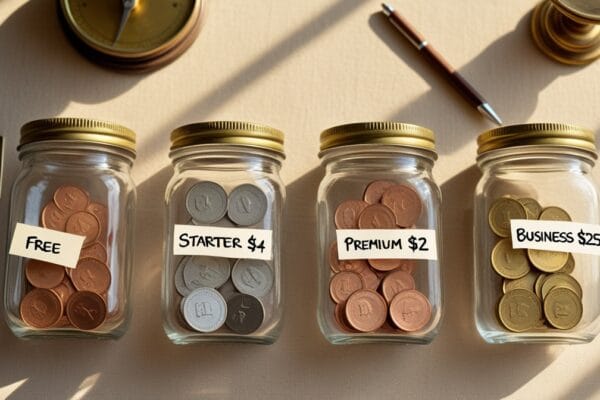 Four labeled glass jars representing Aymo AI pricing plans 2026 tiers (Free, Starter $4, Premium $12, Business $25) with a balance scale symbolizing value comparison for AI subscription decisions