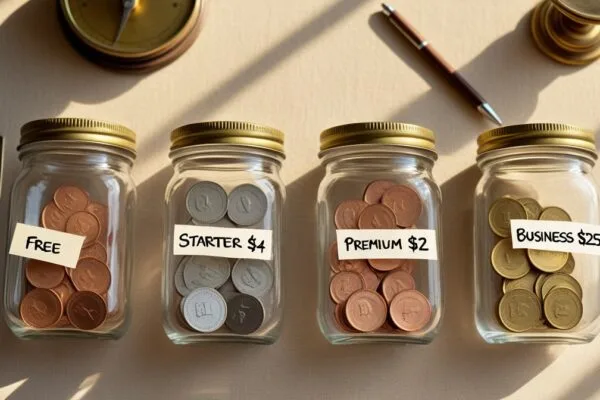 Four labeled glass jars representing Aymo AI pricing plans 2026 tiers (Free, Starter $4, Premium $12, Business $25) with a balance scale symbolizing value comparison for AI subscription decisions