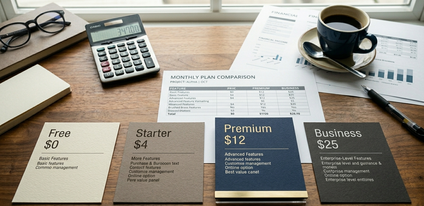 aymo ai pricing plans 2026 showing four pricing tiers Free Starter Premium and Business with monthly costs displayed on business desk