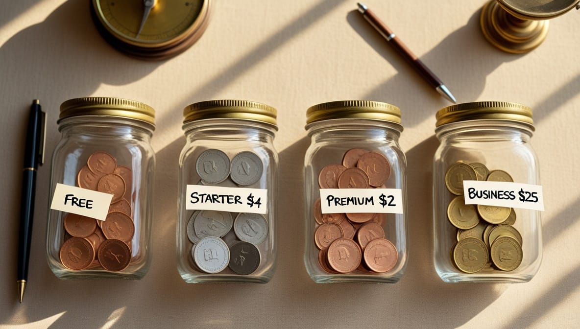 Four labeled glass jars representing Aymo AI pricing plans 2026 tiers (Free, Starter $4, Premium $12, Business $25) with a balance scale symbolizing value comparison for AI subscription decisions