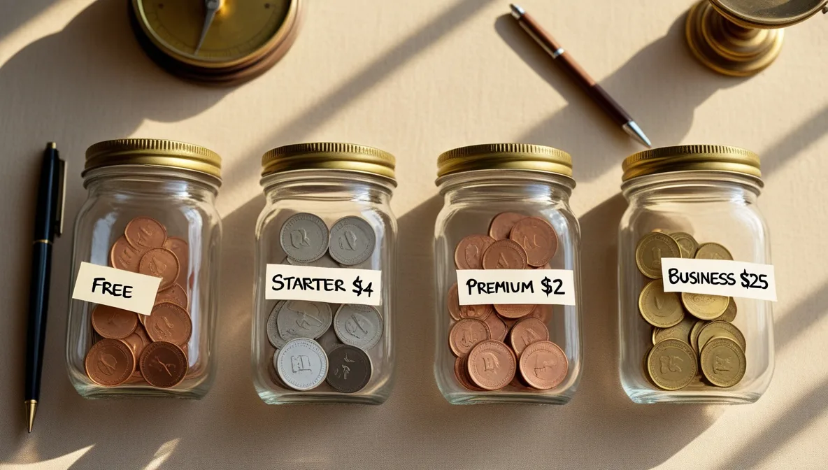 Four labeled glass jars representing Aymo AI pricing plans 2026 tiers (Free, Starter $4, Premium $12, Business $25) with a balance scale symbolizing value comparison for AI subscription decisions