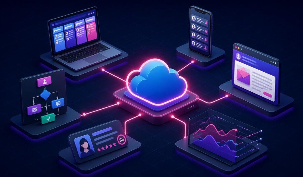 Best AI tools for Salesforce automation 2026 showing 6 integrated tools including CRM pipeline dashboard, lead scoring, forecasting analytics, email automation, mobile notifications, and workflow automation connected to central Salesforce cloud