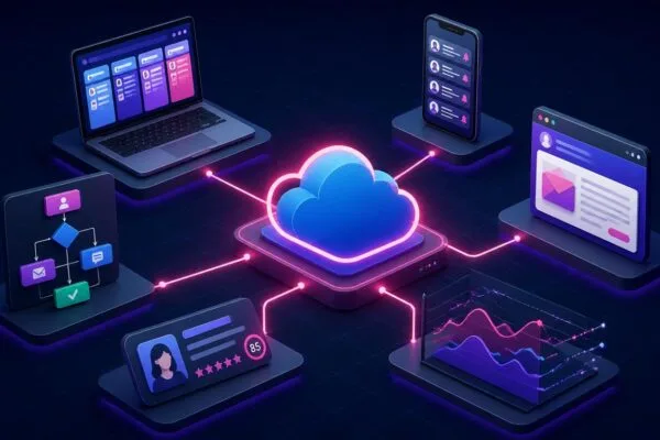 Best AI tools for Salesforce automation 2026 showing 6 integrated tools including CRM pipeline dashboard, lead scoring, forecasting analytics, email automation, mobile notifications, and workflow automation connected to central Salesforce cloud