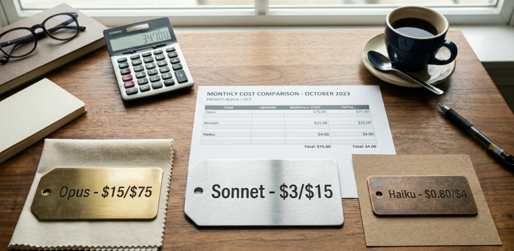 claude pricing 2026 comparison showing Opus Sonnet and Haiku cost breakdown with three price tags on business desk