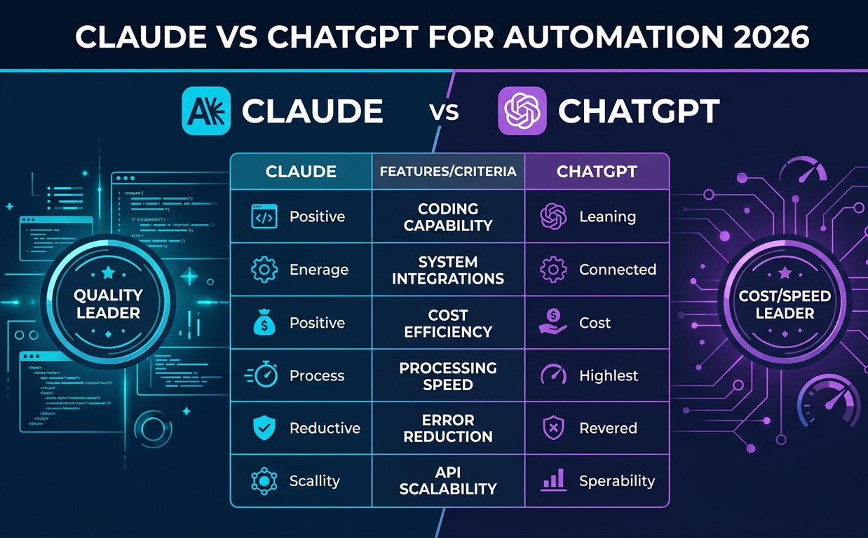 Claude vs ChatGPT for automation 2026 comparison showing quality vs cost/speed trade-offs for API automation workflows