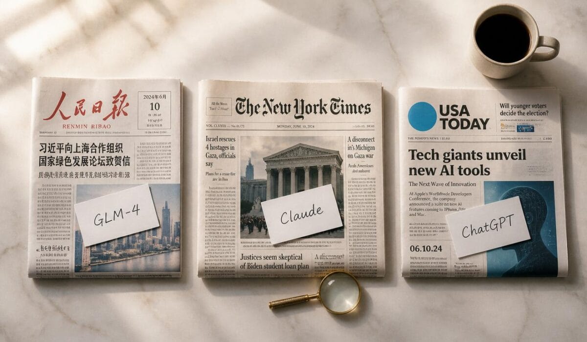 Three international newspapers labeled GLM-4, Claude, and ChatGPT arranged for editorial comparison, representing the GLM vs Claude vs ChatGPT AI model decision for developers and businesses in 2026