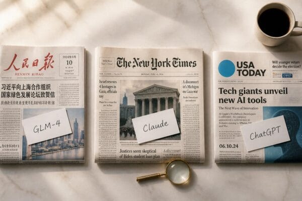 Three international newspapers labeled GLM-4, Claude, and ChatGPT arranged for editorial comparison, representing the GLM vs Claude vs ChatGPT AI model decision for developers and businesses in 2026