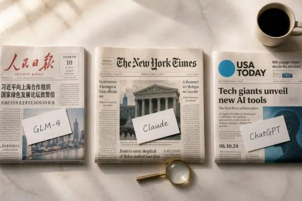 Three international newspapers labeled GLM-4, Claude, and ChatGPT arranged for editorial comparison, representing the GLM vs Claude vs ChatGPT AI model decision for developers and businesses in 2026
