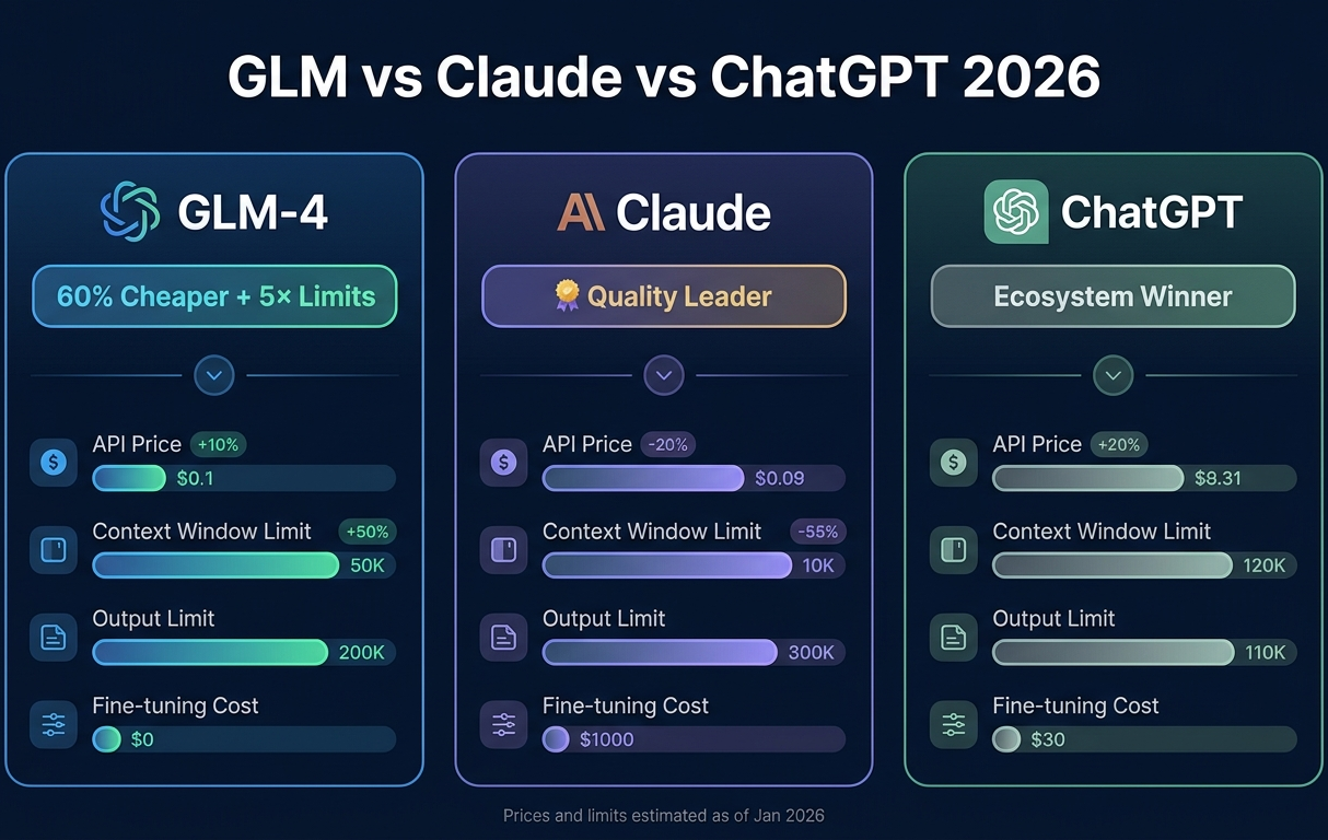 GLM vs Claude vs ChatGPT comparison showing GLM-4 as best Claude alternative for volume and cost in 2026