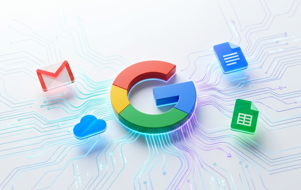 google ai 2026 multicolor logo surrounded by neural network connections representing Gemini Bard and Google products ecosystem