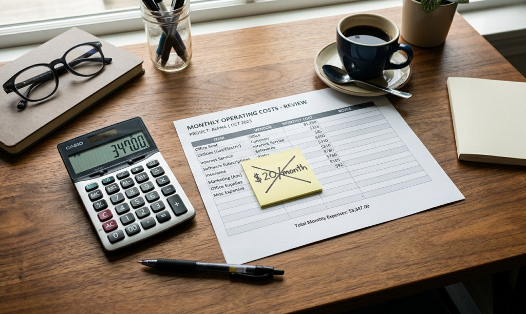hidden cost of AI agents revealed on business desk with calculator showing $347 monthly total and crossed out $20 subscription note