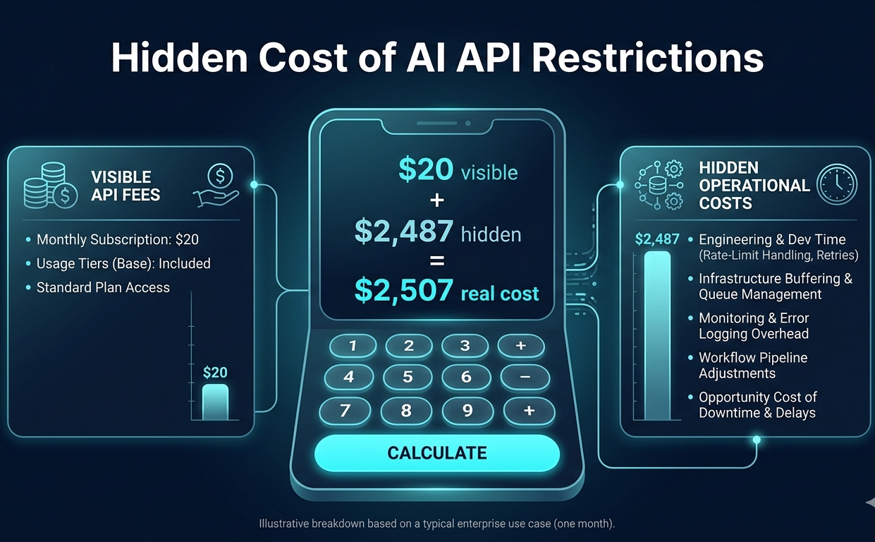 Hidden cost of AI API restrictions calculator showing $20 advertised cost versus $2,507 real total cost breakdown