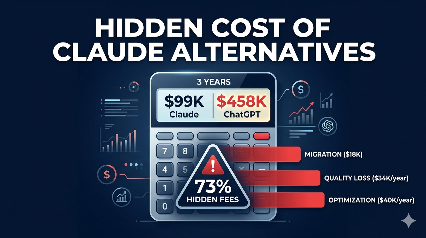 Hidden cost of Claude alternatives comparison showing total cost of ownership over 3 years with migration and quality costs included