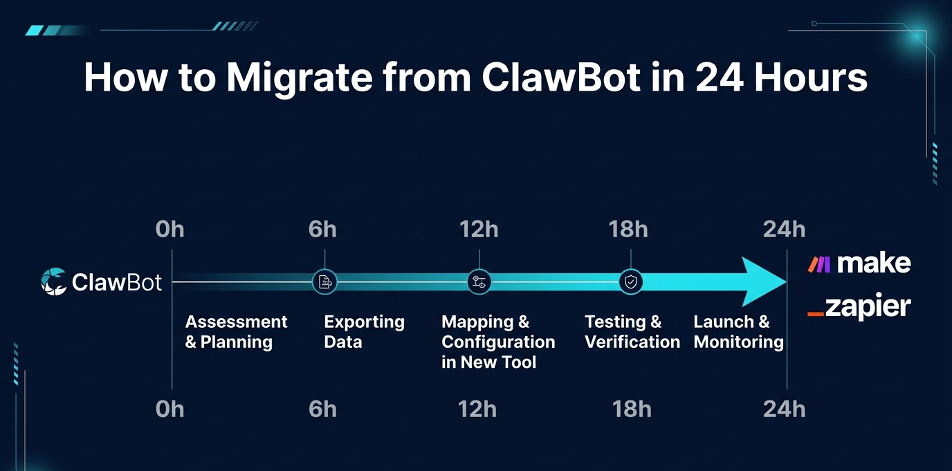 How to migrate from ClawBot in 24 hours timeline diagram showing hour-by-hour migration process to Make and Zapier alternatives