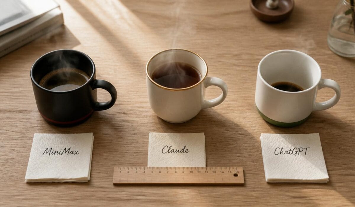 Three coffee mugs labeled MiniMax, Claude, and ChatGPT arranged for comparison, representing the MiniMax vs Claude vs ChatGPT AI model decision for developers and businesses in 2026