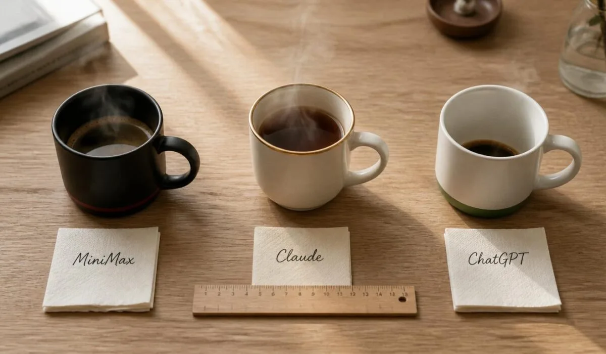 Three coffee mugs labeled MiniMax, Claude, and ChatGPT arranged for comparison, representing the MiniMax vs Claude vs ChatGPT AI model decision for developers and businesses in 2026