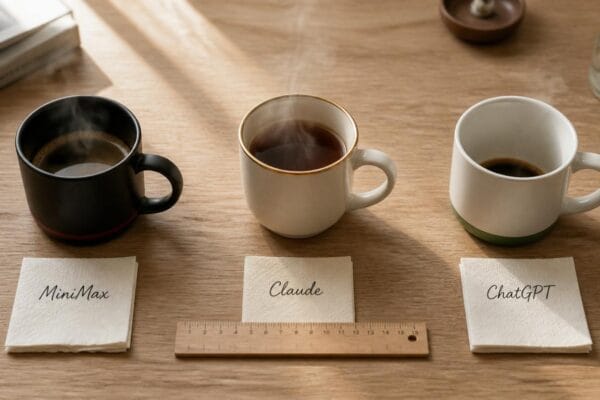 Three coffee mugs labeled MiniMax, Claude, and ChatGPT arranged for comparison, representing the MiniMax vs Claude vs ChatGPT AI model decision for developers and businesses in 2026