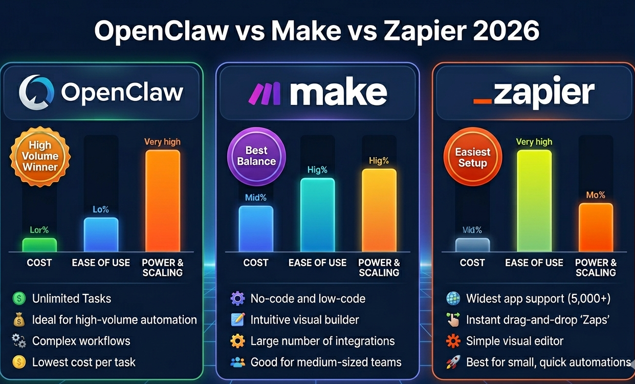 OpenClaw vs Make vs Zapier comparison showing best automation tool for different use cases in 2026
