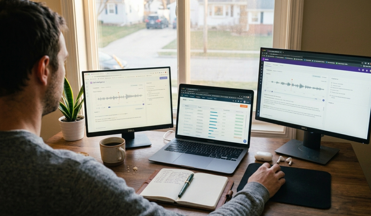 B2B sales rep at his desk in the early morning reviewing AI sales tools as part of his daily ai b2b sales 2026 workflow