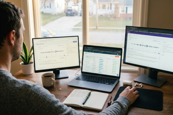 B2B sales rep at his desk in the early morning reviewing AI sales tools as part of his daily ai b2b sales 2026 workflow