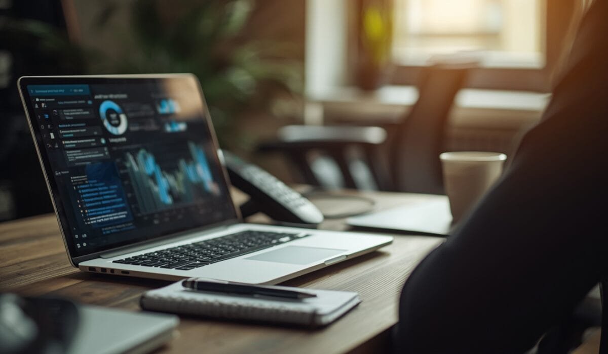 AI B2B sales 2026 workflow shown as an account executive's desk with a laptop dashboard, phone, and notebook, representing an AI-assisted daily sales routine