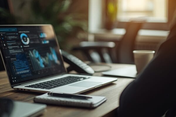 AI B2B sales 2026 workflow shown as an account executive's desk with a laptop dashboard, phone, and notebook, representing an AI-assisted daily sales routine