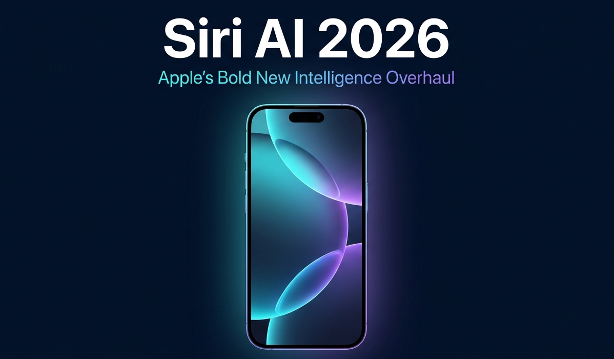 Siri AI 2026 Apple Intelligence overhaul graphic showing new iPhone Siri interface in iOS 27 with translucent edge animation