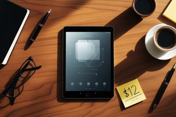 Aymo AI review 2026 analysis desk setup showing tablet, notebook, and $12 price note representing analyst evaluation of Aymo AI Premium plan value for professional teams