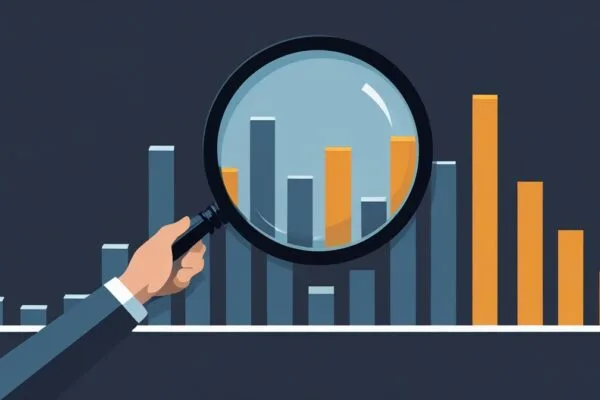 Magnifying glass revealing that a tall solid bar chart is hollow underneath, illustrating why AI benchmarks can look stronger than they really are